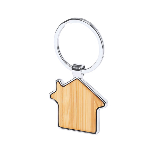 Porte-clés en forme de maison de la ligne Nature, dans une combinaison de matériaux métalliques avec une finition brillante et de bambou - Cutum Personnalise