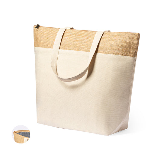 Sac thermique en coton résistant de 225g/m2, avec table en jute laminé et poignées en coton - Linax Personnalise