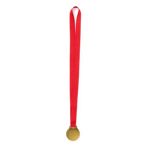Médaille en métal avec une finition dorée lisse, avec du ruban de polyester en rouge et spécialement conçu pour le marquage en impression numérique - Maclein Personnalise