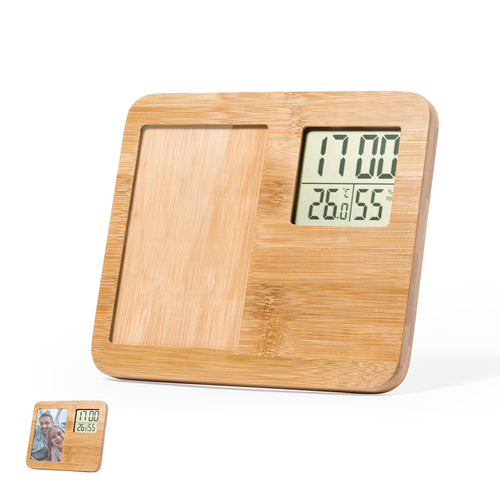 Porte-photo de la ligne nature, en bambou poli et avec fonctions thermomètre, hygromètre et horloge - Krent Personnalise