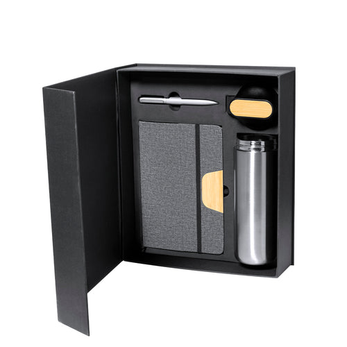 Ensemble premium élégant qui comprend : Bouteille thermos double couche en acier inoxydable finition mate d'une contenance de 640 ml, avec un détail en bambou sur le bouchon pour le marquage - Halderan Personnalise