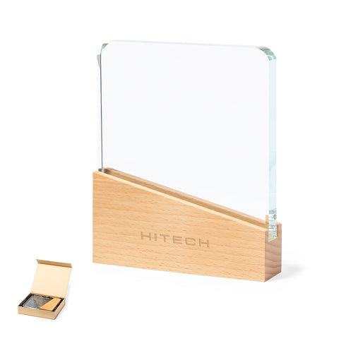 Plaque commémorative en verre épais et résistant, avec une base en bois naturel - Vertu Personnalise