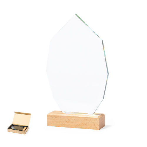 Plaque commémorative en verre épais et résistant, avec une base en bois naturel - Pulman Personnalise