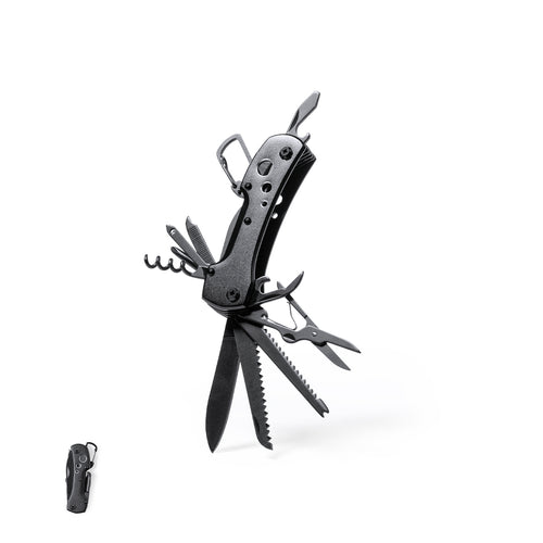 Couteau polyvalent avec accessoires en acier inoxydable finition noire et manche en aluminium résistant avec un mousqueton assorti intégré dans le manche - Komit Personnalise