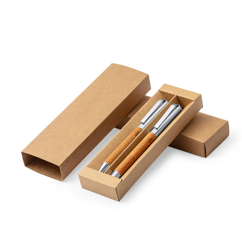 Ensemble stylo et roller en métal, avec corps recouvert de cuir recyclé - Vincen Personnalise