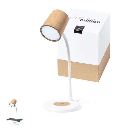 Lampe multifonction avec un design exclusif en édition limitée, dans une élégante finition blanche et avec des détails en liège naturel - Borstein Personnalise