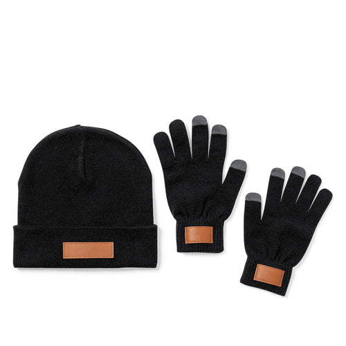 Ensemble chapeau et gants de taille adulte, en matériau acrylique élastique et avec un patch en similicuir cousu pour le marquage - Prasan Personnalise