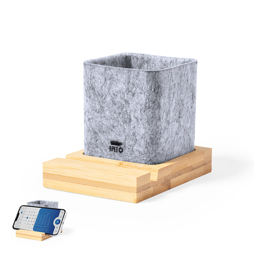 Pot à crayons Nature Line en feutre RPET, avec porte-smartphone en bambou - Firdex Personnalise