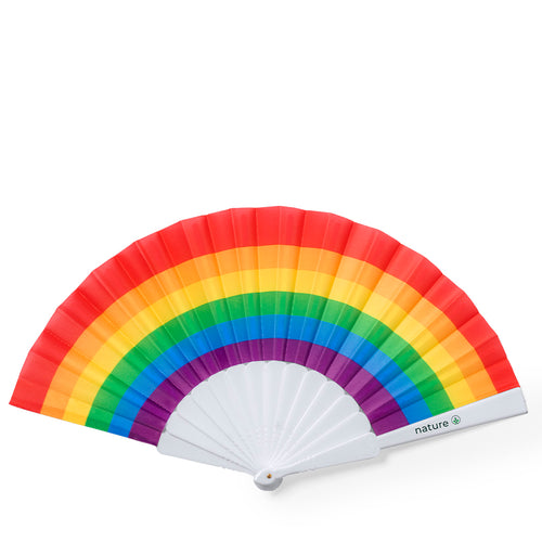 Eventail arc-en-ciel avec tissu multicolore et tiges blanches en RPET - Rupaul Personnalise