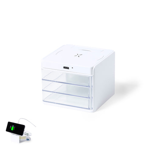 Chargeur organisateur avec support pour smartphone et chargeur sans fil 10W intégré, compatible avec les appareils équipés de la technologie de charge sans fil Qi - Macky Personnalise