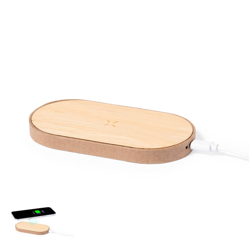Chargeur sans fil 10W ligne nature, avec base en carton recyclé et surface de charge en bambou - Tedey Personnalise