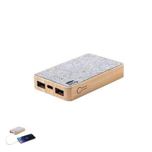Batterie auxiliaire externe de 5 000 mAh, en bambou et polyester RPET, fabriqué à partir de plastique recyclé, pour promouvoir la réutilisation des déchets plastiques et contribuer à la durabilité de la planète -...