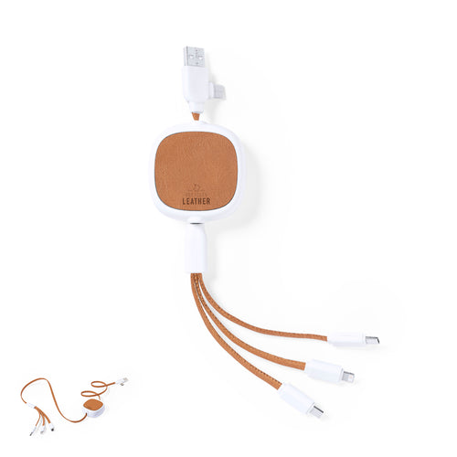 Câble de chargement extensible d'un mètre, fabriqué en RABS et d'un blanc élégant, avec câbles et détails en cuir recyclé - Sherat RCS Personnalise