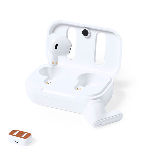 Écouteurs intra-auriculaires Bluetooth®, fabriqués en RABS et d'un blanc élégant, avec le couvercle de la base de chargement doublé de cuir recyclé - Shizar RCS Personnalise