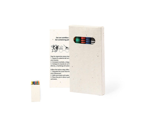 Set de 6 cires dans une gamme variée de couleurs, présentées dans une boîte en carton naturel avec des graines - Fyser Personnalise