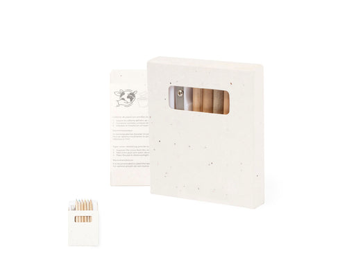 Set de 6 crayons avec pochoirs à colorier et taille-crayons, présenté dans une boîte en carton naturel avec des graines - Elaris Personnalise