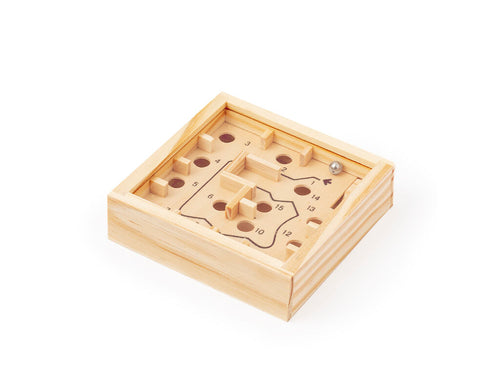Amusant jeu d’adresse en bois et dont l’objectif est de surmonter un labyrinthe difficile avec 15 obstacles, empêchant la boule métallique intérieure de tomber dans les trous - Bucher Personnalise