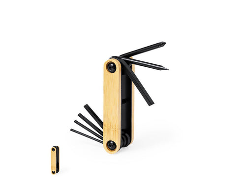 Pratique multi-outils fabriquée en acier au carbone de finition noir, avec boîtier en bambou et 7 fonctions : clés allen, tournevis plat et cruciformes - Ruselton Personnalise