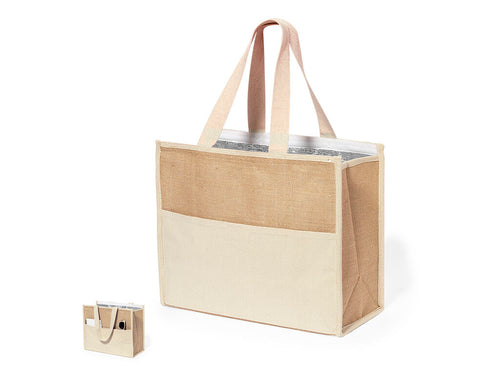 Sac réfrigérateur fabriqué en combinaison de coton et de jute laminé, avec intérieur isotherme en aluminium - Presli Personnalise