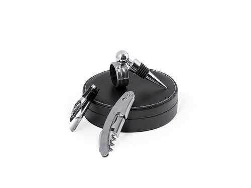 Ensemble de vins au design circulaire élégant, finition éco-cuir, avec accessoires en acier inox - Albion Personnalise