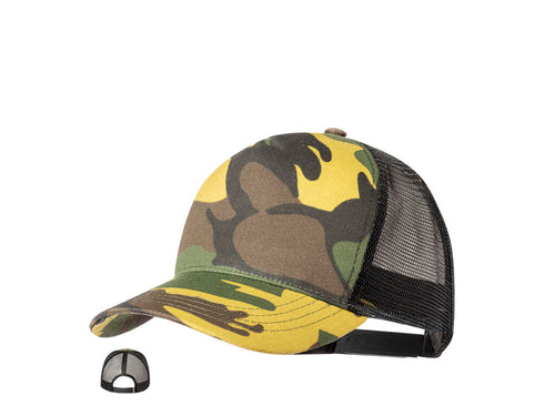 Casquette de 5 panneaux en polyester RPET avec grille et fermeture réglable en plastique avec conception de camouflage ou vert militaire - Pamper Personnalise