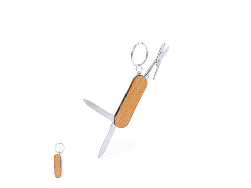Porte-clés multi-outils pratique, avec des accessoires en acier inox robuste et boîtier en bois naturel - Famke Personnalise
