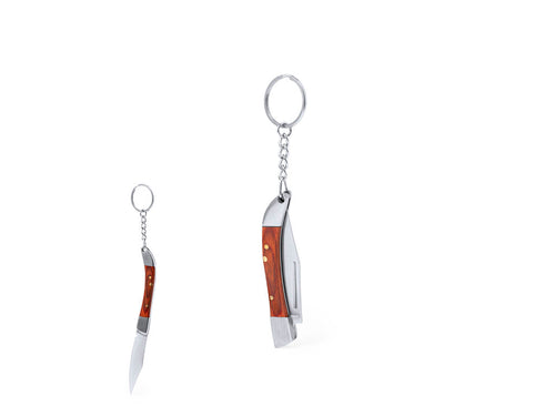 Porte-clés canif pratique avec lame en acier inox et poignée métallique robuste avec détails en bois naturel - Spiet Personnalise
