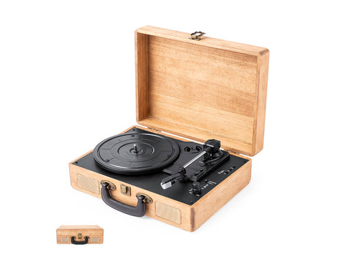 Platine vinyle portable présentée dans une mallette en bois naturel, avec fermeture de sécurité et poignée de transport - Vinilux Personnalise