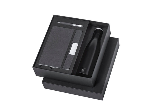 Set premium élégant comprenant : Thermos double couche en acier inox recyclé de finition noir mat et de 500 ml de capacité, avec poignée rigide en métal couleur argent mat - Datiford Personnalise