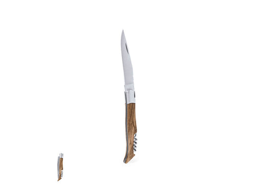 Couteau en acier inox résistant, avec poignée ergonomique en bois naturel laqué et tire-bouchon intégré - Sparq Personnalise