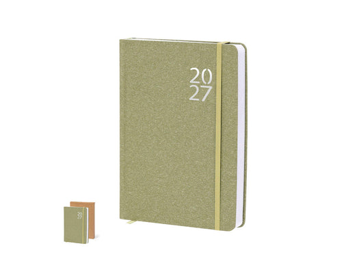 Agenda format A5 en carton recyclé, avec couvertures rigides et fermeture à bande élastique assortie - Florian Personnalise