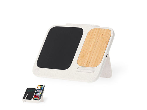 Chargeur sans fil 15W avec tableau numérique intégré, fabriqué en paille de blé et bambou - Artic Personnalise
