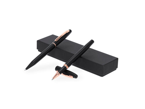 Ensemble stylo bille et stylo roller en aluminium recyclé, au design élégant noir mat avec des finitions distinguées en or rose - Mobex Personnalise