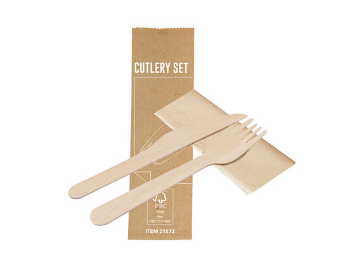 Set de couverts écologiques 3-en-1 en bois naturel avec serviette, certifié FSC TM - Kumix Personnalise