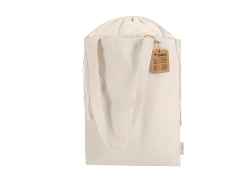 Sac fabriqué principalement en coton recyclé de 260 g/m2 avec système de fermeture supérieure par cordons, fabriqué en filet - Flerix Personnalise