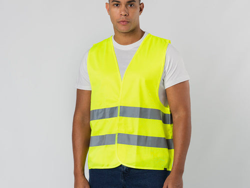 Gilet réfléchissant haute visibilité, homologué selon le norme de sécurité CE: ISO 20471 fabriqué en RPET - Safrox Personnalise