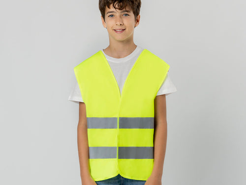 Gilet réfléchissant pour enfants haute visibilité, homologué selon le norme de sécurité CE: EN 17353 fabriqué en RPET - Kastor Personnalise