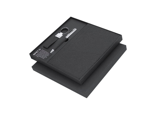 Élégant ensemble premium comprenant : Bloc-notes en RPET de couleur noire élégante - Meryl Personnalise
