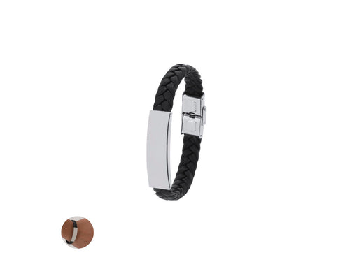 Bracelet en simili cuir noir orné d'une plaque fabriquée en acier inox poli de design plat - Mubark Personnalise
