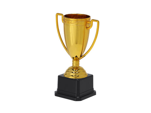 Trophée avec une finition élégante brillante de couleur dorée, conçu avec de larges poignées et une base de couleur noire pour une touche distinctive - Plinar Personnalise