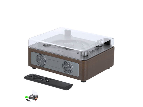 Lecteur CD de conception rétro, fabriqué en bois, qui permet de profiter de la musique tandis que le disque tourne sous son couvercle en acrylique transparent - Hopson Personnalise
