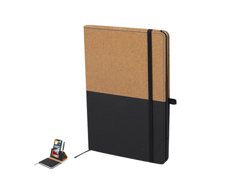 Bloc support avec couvertures rigides fabriquées en combinaison de PU Recyclé et de liège, avec un support magnétique polyvalent à l'intérieur de la couverture pour dispositifs mobiles en liège - Suttony Personnalise