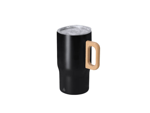 Mug thermique en acier inoxydable recyclé à double paroi, capacité de 400 ml, avec poignée rigide en bois pour plus de confort - Zaran Personnalise