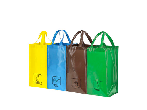 Lot de 4 sacs de tri jaune, vert, bleu et marron en Non tissé laminé résistant de 125 g/m², finition brillante - Kunar Personnalise