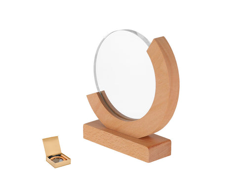 Plaque trophée en verre épais avec un élégant motif circulaire et une base en bois - Xiflex Personnalise