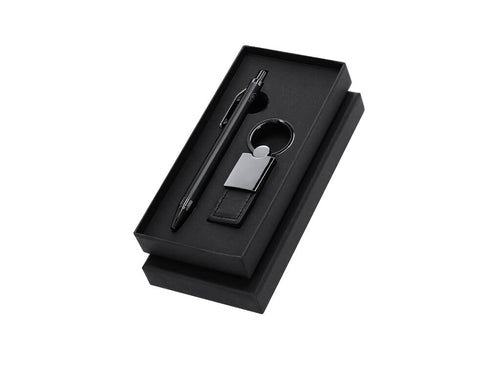 Ensemble premium élégant comprenant : Stylo en aluminium recyclé avec finition noire mate, mécanisme à bouton-poussoir et encre bleue - Tobyan Personnalise