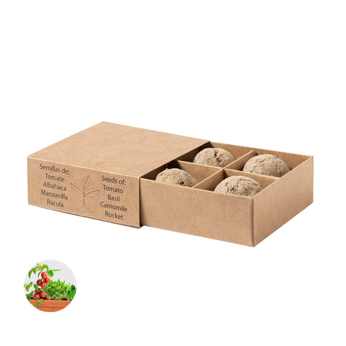 Kit de jardin avec des graines de tomate, basilic, roquette et camomille - Tomarux Personnalise