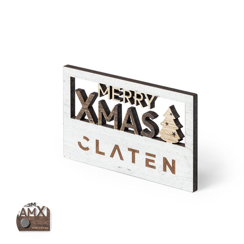Aimant original Merry Christmas en bois naturel, avec texte découpé et une finition bicolore originale - Lambet Personnalise