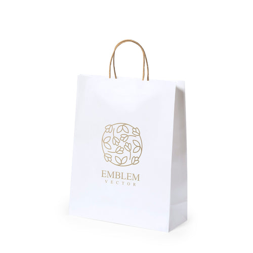 Sac en papier avec finition blanche de 100 g/m², doté de poignées courtes renforcées en ton naturel et de soufflets à la base et sur les côtés - Taurel Personnalise