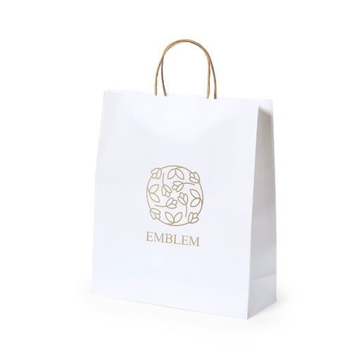 Sac en papier avec finition blanche de 100 g/m², doté de poignées courtes renforcées en ton naturel et de soufflets à la base et sur les côtés - Cynthia Personnalise